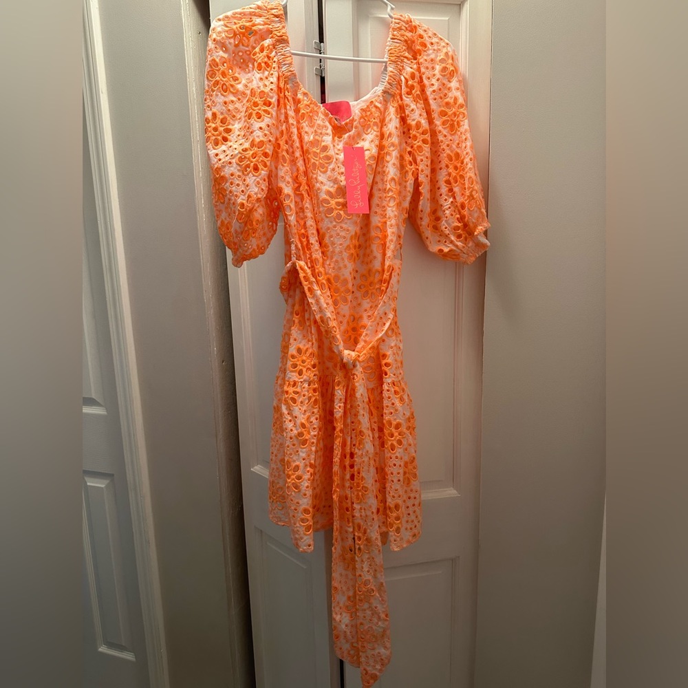 NWT LILLY PULITZER KERRIGAN ELBOW SLEEVE DRESS SIZE S CANTALOUPE EYELET